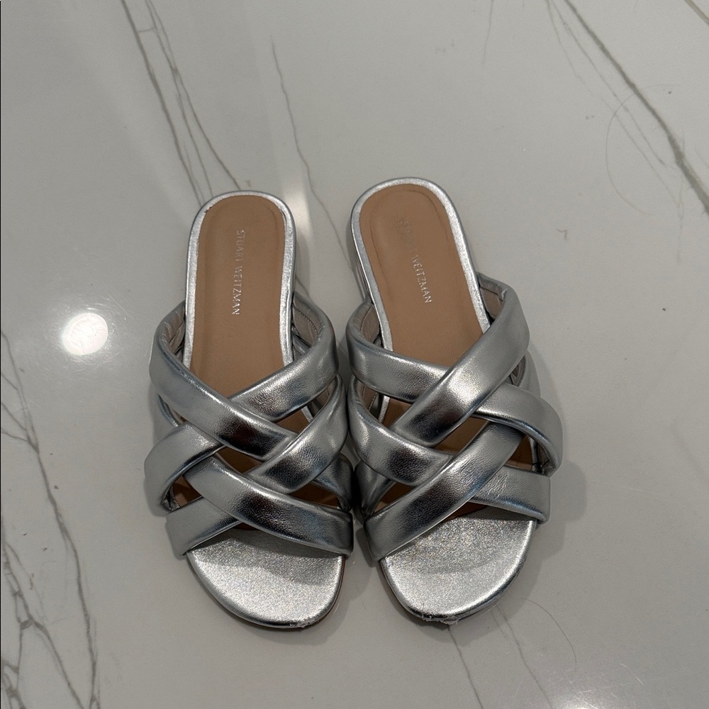 Stuart Weitzman Metallic Silver Slide Sandals